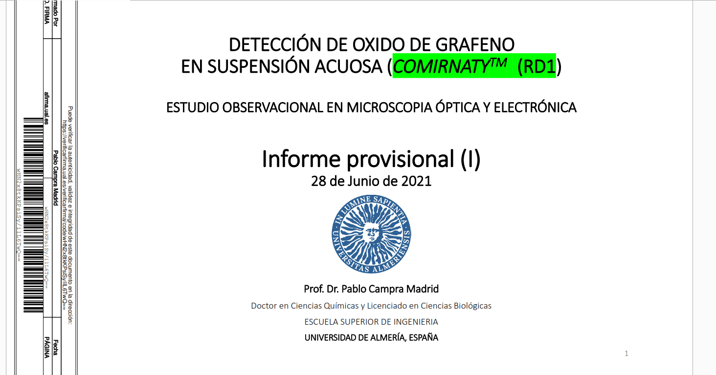 Estudio del doctor Pablo Campra Madrid en donde analizó un vial de vacuna covid19 y encontró nano partículas de óxido de grafeno