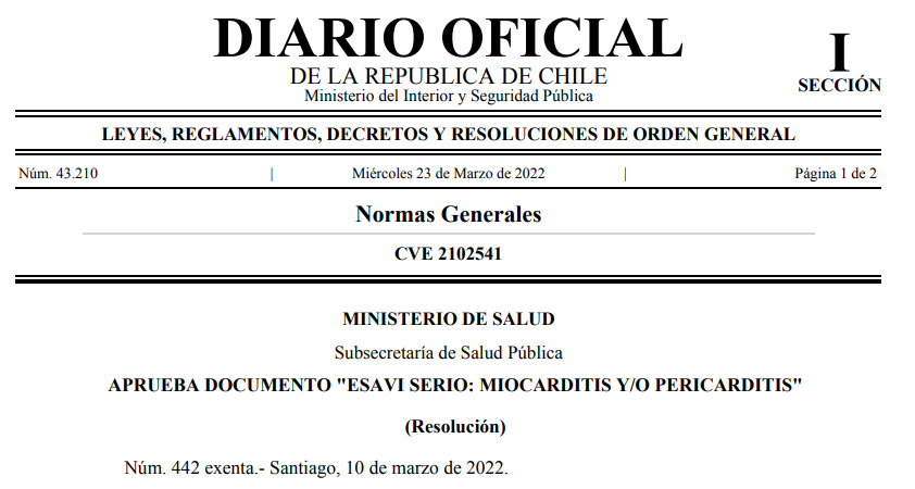 Gobierno de Chile acepta que las sustancias inyectables covid19 producen miocarditis, pericarditis, inflamación del corazón APRUEBA DOCUMENTO "ESAVI SERIO: MIOCARDITIS Y/O PERICARDITIS"