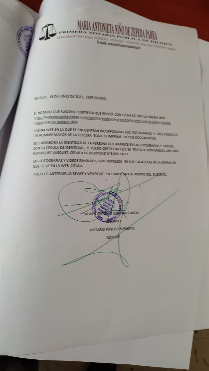 Certificado de Notarización de caso de magnetización en vacuna covid19  jubilado de fuerzas armadas